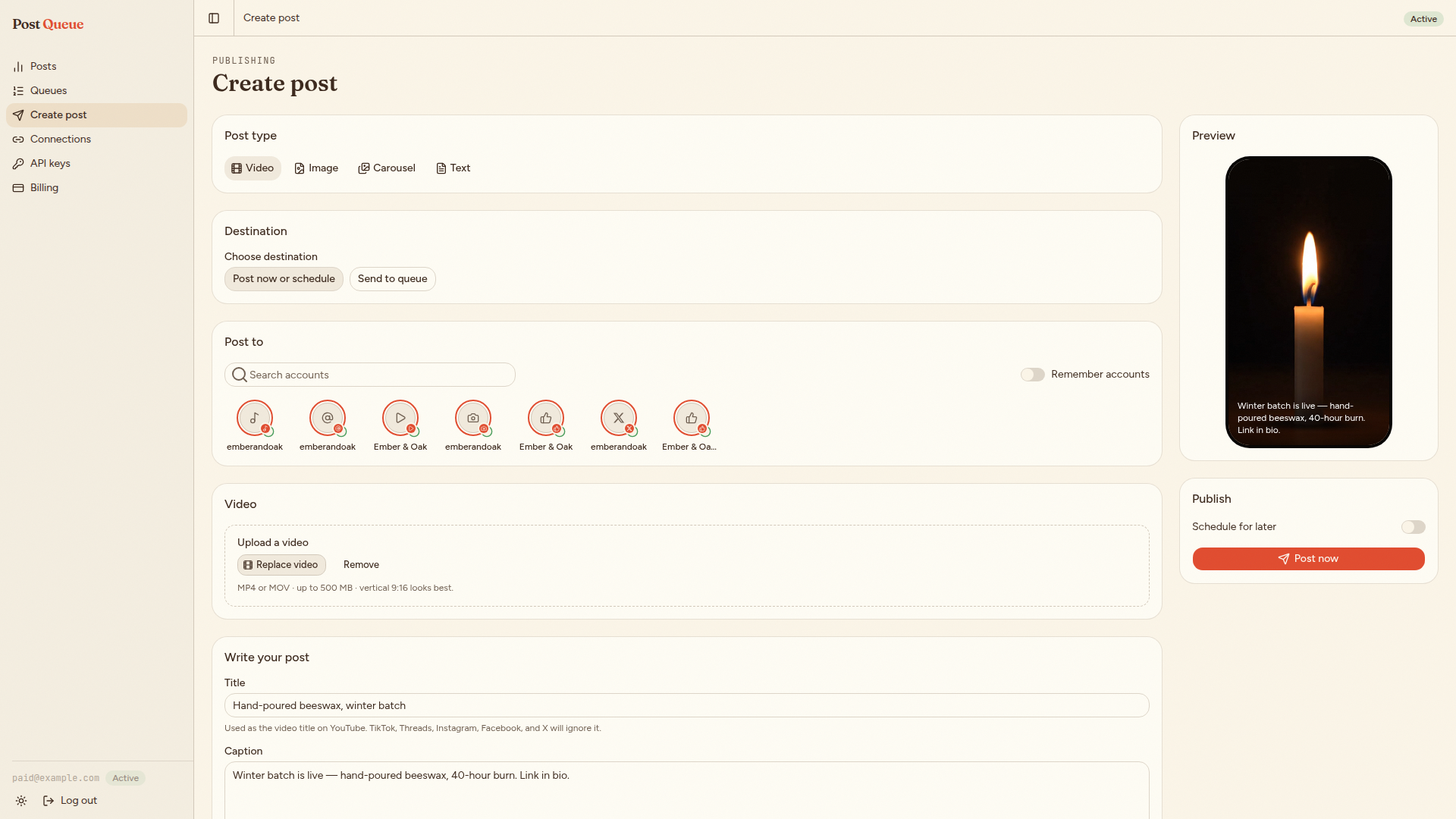 The Post Queue create-post composer: choose a post type and destination, pick which accounts to post to, and see a live preview before it goes out.