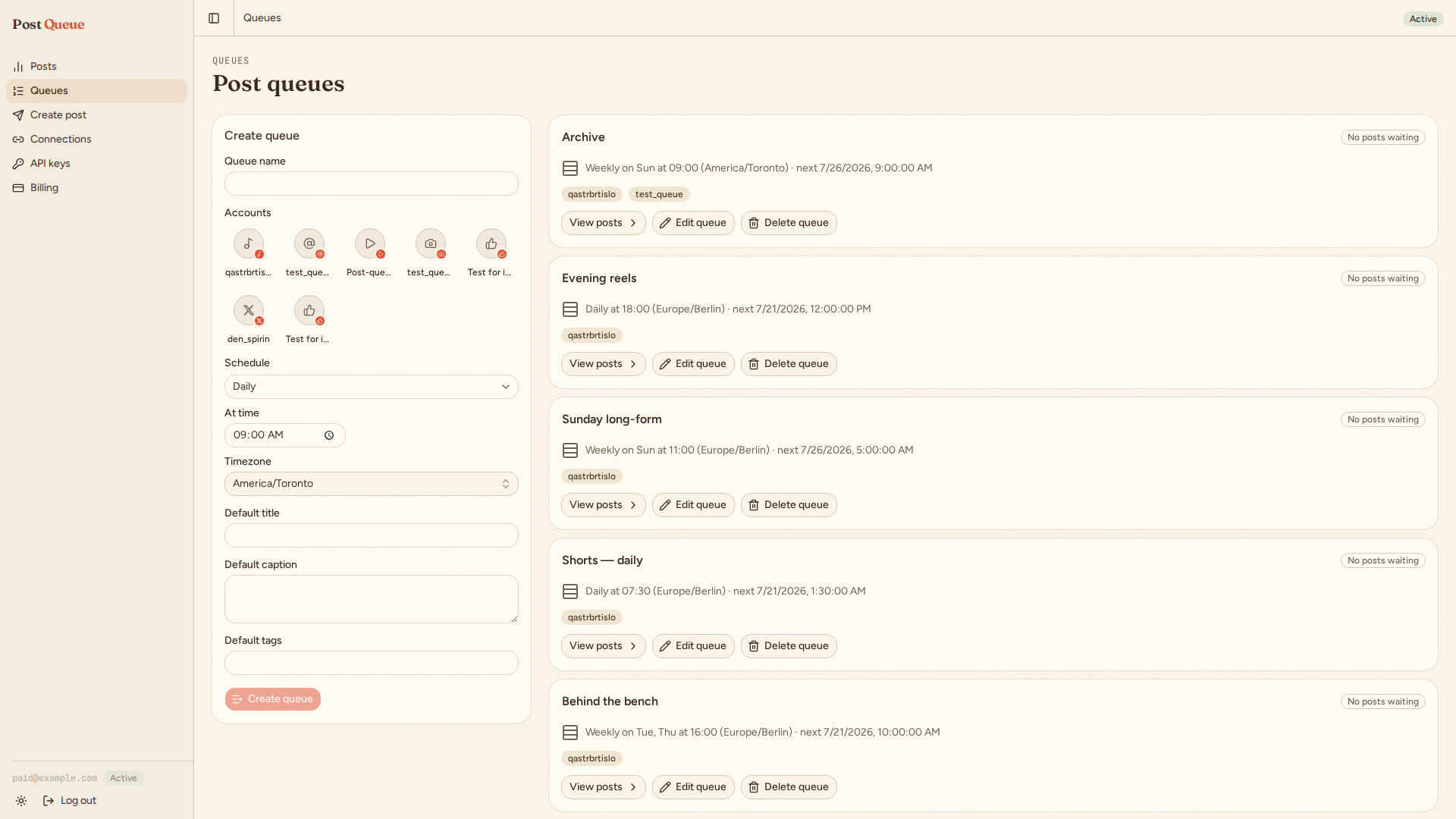 The Post Queue queues page: a create-queue form beside a list of recurring queues, each with its schedule and waiting count.